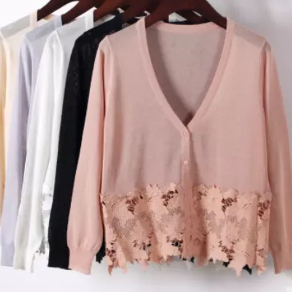 Sweaters - Floral crochet lace cardigan blush pink lightweight